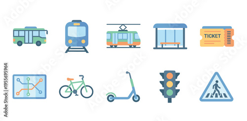 Colorful set of public transport icons featuring a bus, train, tram, bus stop, ticket, map, bicycle, scooter, traffic light, and pedestrian crossing sign for urban mobility concepts