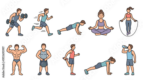 Collection of colorful fitness exercise illustrations showing men and women running, lifting weights, doing yoga, and stretching in a simple line art cartoon style for a healthy lifestyle