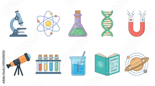 Colorful cartoon science icon set representing various scientific fields with a microscope, atom, DNA, planet, telescope, magnet, beaker, flask, and test tubes
