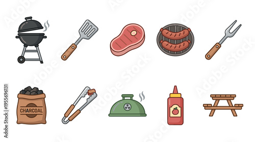 Colorful collection of barbecue and grilling icons featuring a kettle grill, steak, sausages, utensils, charcoal, and a picnic table in a flat cartoon illustration style