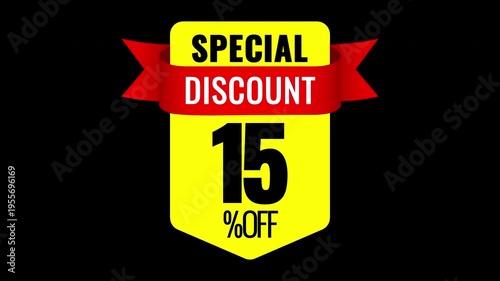 15 percent special discount badge animation yellow red sale label on transparent background