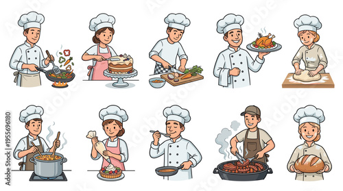 Ten cartoon chef and baker characters in uniform preparing various meals, from roasting chicken and grilling sausages to baking bread and decorating a delicious fruit tart with cream