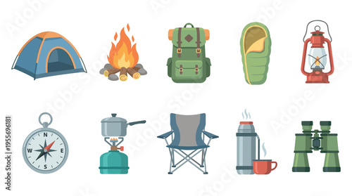 Colorful set of camping and hiking equipment icons with a tent, campfire, backpack, sleeping bag, lantern, compass, and other gear for outdoor adventure and travel