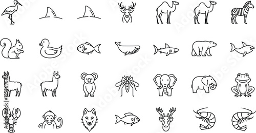 Animal Outline Icon Set with Wildlife, Marine, and Farm Animals Including Fish, Camel, Elephant, Deer, Zebra, and More in Line Style