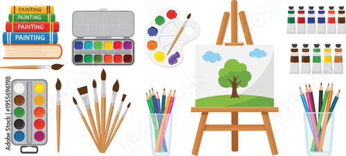 Art Supplies Illustration Set with Paint Brushes, Color Palette, Easel, Canvas, Watercolors, and Pencils for Painting, Creativity, and Artist Design Projects