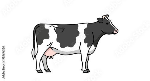 Side view illustration of a black and white Holstein dairy cow isolated on white background.