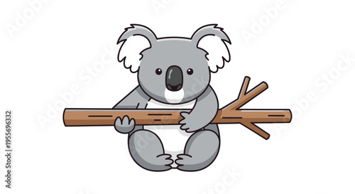 Cute cartoon koala holding a wooden branch isolated on white background.