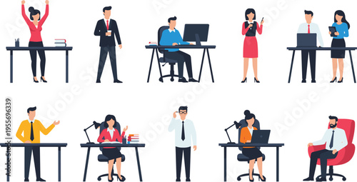Business People Working in Office Character Set with Employees Using Laptop, Phone, and Desk in Flat Style for Corporate and Workplace Design