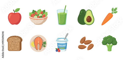 Set of ten healthy food illustrations featuring fruit, vegetables, fish, and dairy, including an apple, salad, smoothie, avocado, and salmon, representing a balanced diet and wellness