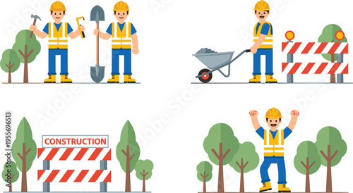 Construction Worker Character Set with Safety Vest, Helmet, Tools, and Road Barrier Scenes in Flat Style for Building, Engineering, and Worksite Design