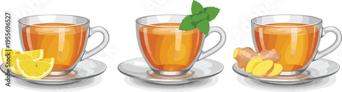 Herbal tea cups collection with lemon ginger and mint ingredients hot beverage vector illustration set