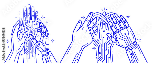 Human and robotic hands joining together in a futuristic digital embrace