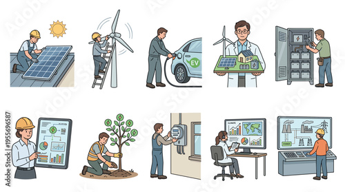 Ten hand-drawn illustrations about green energy, showing workers with solar panels, wind turbines, EVs, battery storage, and scientists analyzing environmental data