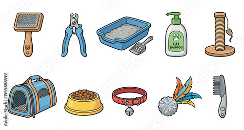 Colorful cartoon collection of cat care supplies including a pet carrier, food bowl, litter box, scratching post, toys, collar, and grooming tools like a brush and shampoo