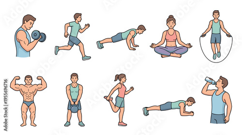 Collection of illustrated men and women performing various fitness workouts, including weight training, running, yoga, push-ups, and stretching in a clean, simple cartoon style