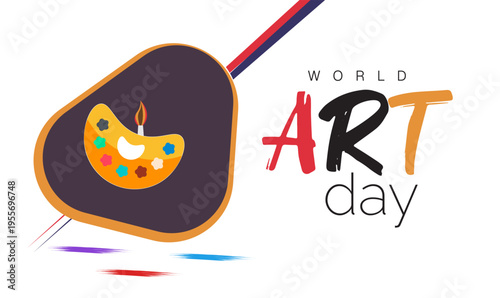 World Art Day concept with artist's palette and paint brush on white background, celebrating creativity and culture