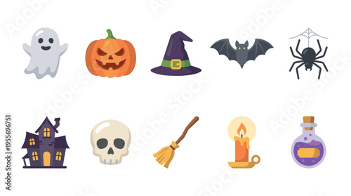 Set of ten flat Halloween icons featuring a spooky ghost, jack-o'-lantern, witch hat, bat, spider, haunted mansion, skull, broomstick, candle, and a magic potion