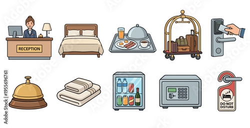 Collection of hotel and hospitality cartoon icons featuring a receptionist, bed, room service, luggage cart, key card, service bell, towels, minibar, safe, and do not disturb sign