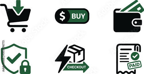 Icons representing the e-commerce purchasing and checkout process steps