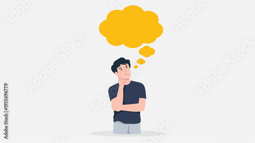 flat illustration of thoughtful man with speech bubble thinking idea concept creative mind brainstorming person character isolated background