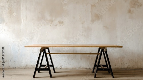 Minimal wooden table on sawhorses in empty room, modern interior setup, workspace design, simple furniture arrangement, rustic style, clean background, home decor, construction and DIY workspace