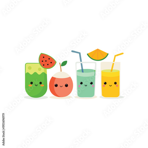 Cute cartoon assortment of healthy fruit drinks and whole fruits with happy faces