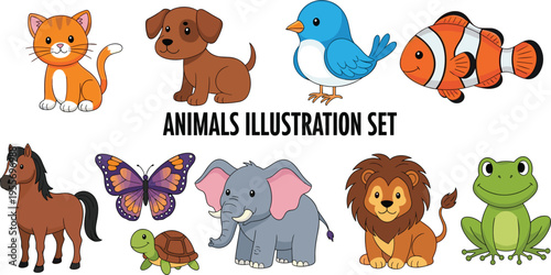 Cute Animals Illustration Set with Cat, Dog, Bird, Fish, Elephant, Lion, Frog, Butterfly, Turtle, and Horse Characters in Cartoon Style for Kids Design