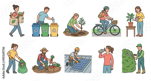 Hand-drawn cartoon character illustrations depicting a sustainable lifestyle with activities like recycling, planting trees, riding a bicycle, gardening, and installing solar panels