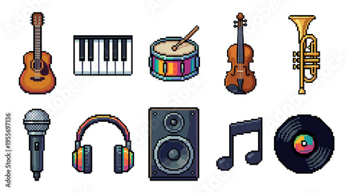 Colorful set of pixel art music icons including a guitar, piano, drum, violin, trumpet, microphone, and headphones, rendered in a retro 8-bit video game aesthetic