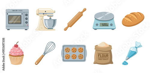 Collection of baking and pastry equipment icons including an oven, mixer, rolling pin, scale, bread, cupcake, whisk, cookies, flour, and a piping bag in a flat illustration style