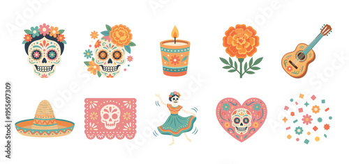 Collection of colorful Day of the Dead icons including sugar skulls, a dancing skeleton, marigold, a guitar, and a sombrero for the traditional holiday celebration