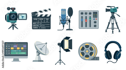 Collection of filmmaking and video production equipment icons including a camera, clapperboard, microphone, and film reel in a flat design cartoon vector illustration set
