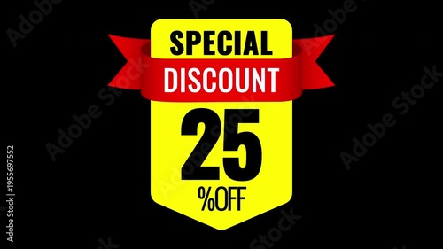 25 percent special discount badge animation yellow red sale label on transparent background