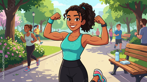 Strong athletic woman with dark skin flexing her biceps and smiling confidently after a workout in a sunny park with other people jogging on the path