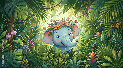 Cute blue cartoon baby elephant wearing a beautiful flower wreath on its head is smiling cheerfully amidst dense, vibrant green jungle leaves and tropical plants