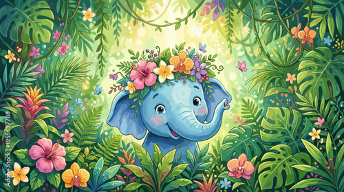 Cute blue baby elephant cartoon character with a floral wreath on its head smiles joyfully in a vibrant, sunlit tropical jungle full of exotic plants and flowers
