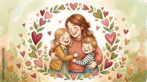 Loving mother embracing her two children, a smiling daughter and son, in a tender watercolor illustration framed by a wreath of hearts and leaves