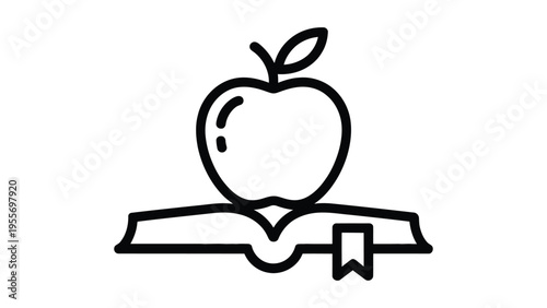 minimal line art illustration of apple on book education knowledge icon school learning symbol outline design isolated on white background