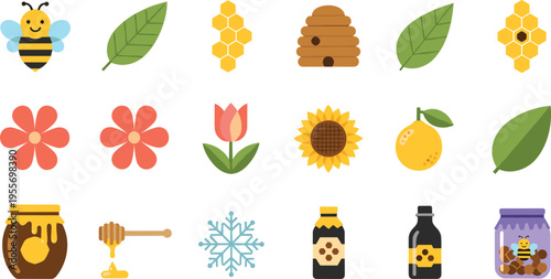 Honey and Nature Icon Set with Bee, Hive, Flowers, Leaves, and Honey Jar in Flat Style for Organic Food, Agriculture, and Eco Design