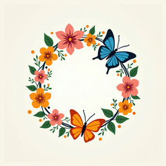 Circular floral wreath with two butterflies, blue and orange. Offers space for text or logo placement, perfect for spring or nature themes. Delicate design element with small flowers and leaves.