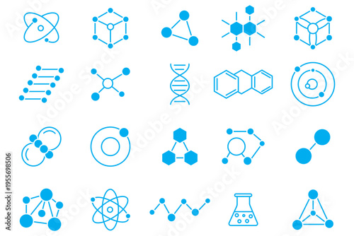 Molecule Icon set. Atom Thin line Icons Collection.  atoms, bonds, hexagon shapes and abstract science symbols. 