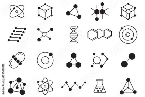 Molecule, cell, atom, protein editable stroke outline icons. Molecular structure and chemical network line icon set. Chemistry molecule and atomic structure icon set.