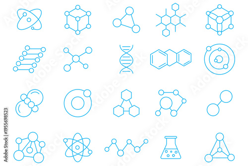 Molecule, cell, atom, protein editable stroke outline icon. Chemical structure, atom icons set. Molecule vector.