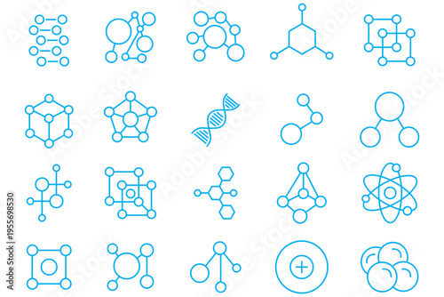 Molecule, cell, atom, protein editable stroke outline icon. Chemical structure, atom icons set. Molecule vector.
