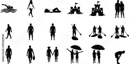 Beach Summer Vacation Silhouette Set with People Swimming, Sunbathing, Sandcastles, Paddleboarding, Couples Walking, Families under Umbrella, and Outdoor Water Activity Vector