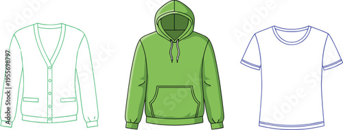 Apparel Fashion Flat Sketch Set with Women Cardigan Pullover Hoodie and Basic T Shirt Technical Illustration Vector for Design Templates