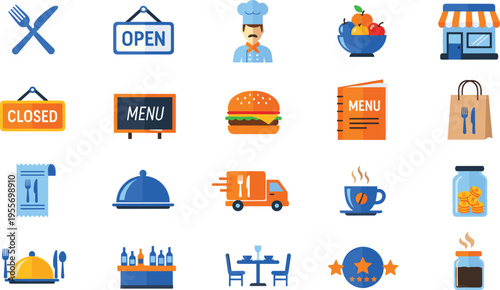 Restaurant and Food Service Icon Set with Open Sign, Menu, Delivery, Chef, and Dining Symbols in Flat Style for Cafe and Hospitality Design