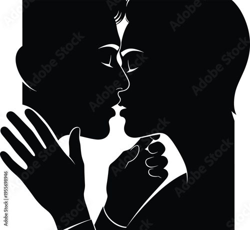 Black silhouette of couple kissing white