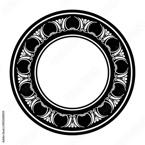 Oval black and white ornamental round frame. Classical circular vector frame Greek inspired border palmette and scroll motif. Circle european border. For plate, porcelain, ceramic, or design