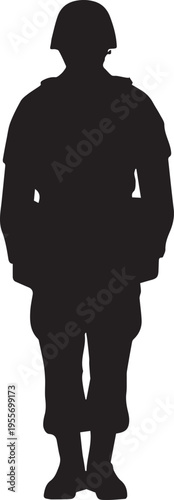 Front view soldier silhouette vector illustration standing at attention military portrait